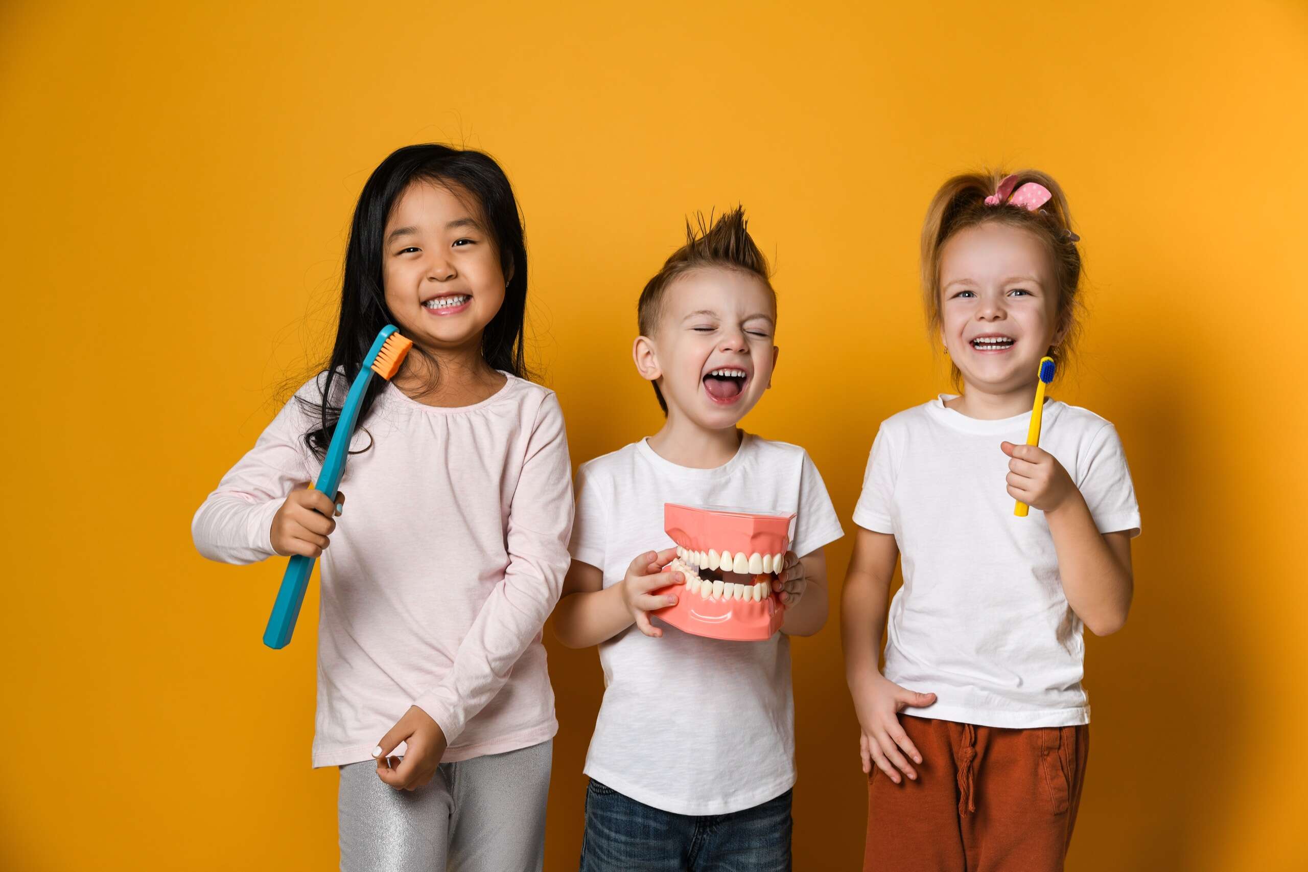Drei lachende Kinder mit Zahnbürsten, der Junge in der Mitte hält ein Gebissmodell